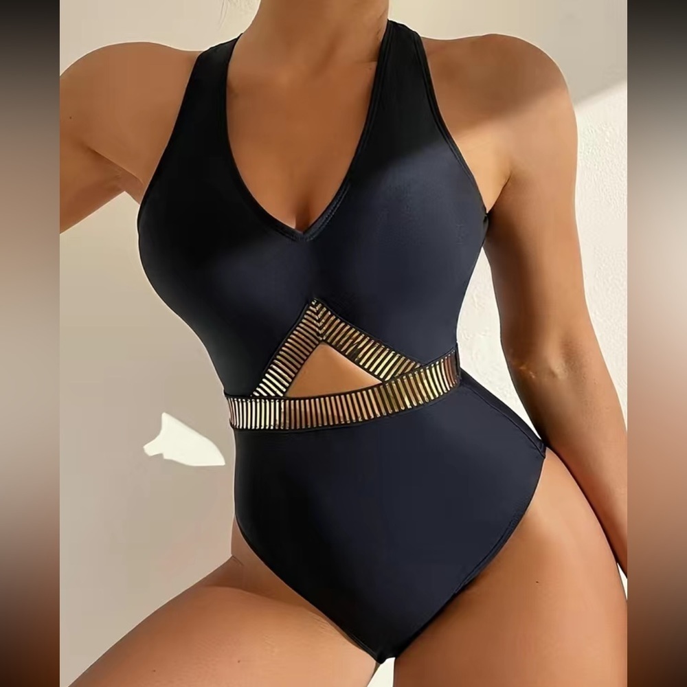 Black Gold Detail Cut-Out V-Neck Swimsuit
